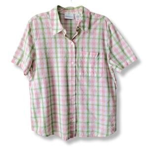 Women Pink Green White Plaid Ss Button Shirt Top XL Preppy Summer Pastel Retro